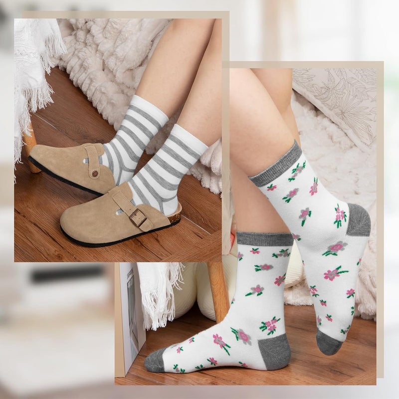 Socksfad Store 6 Pairs Cotton Crew Socks for Women, Breathable Novelty Funny Striped Dot Casual Cute Calf Socks Size 6-12 - Image 5